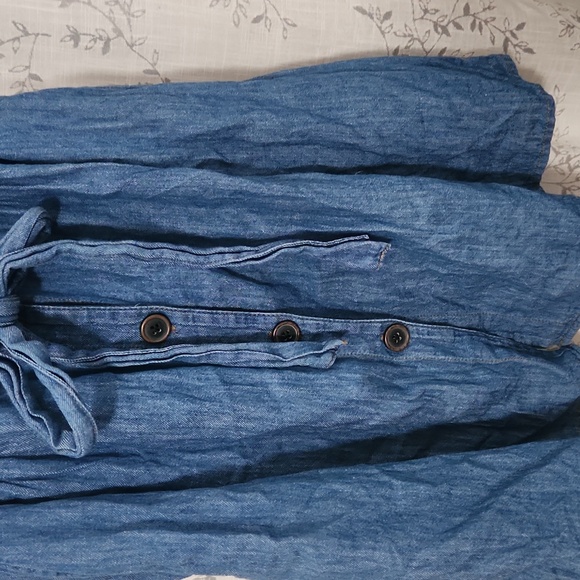 Zara Wrap Button Short Sleeve Chambray Linen Cotton Blend Button Dress Size M - Picture 3 of 6